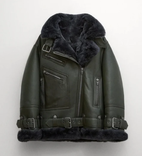 Women’s Khaki Sheepskin Bomber Biker Jacket – Luxe Aviator Moto