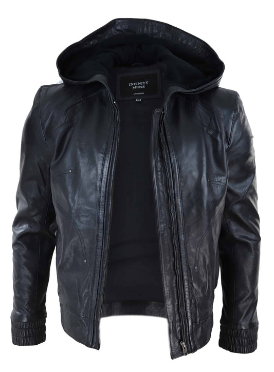 Men’s Hooded Bomber Leather Jacket – Bravo Bros
