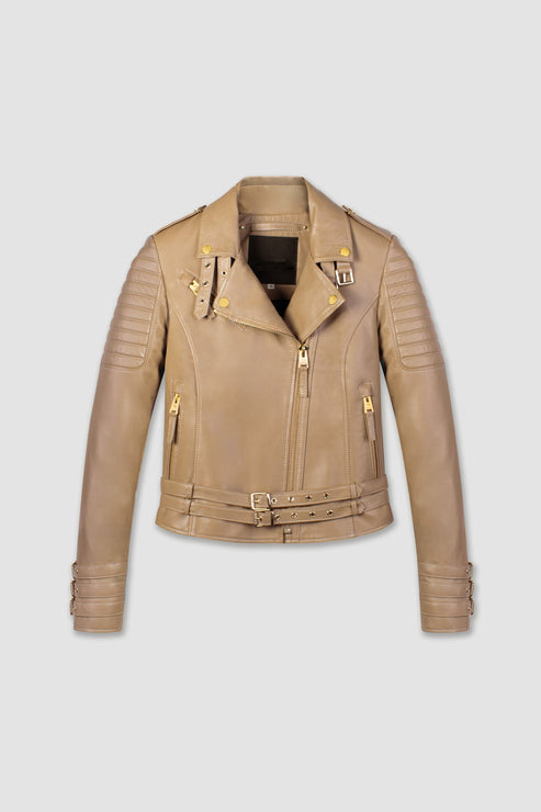 Bravo Bros Women’s Beige Biker Café Racer Leather Jacket