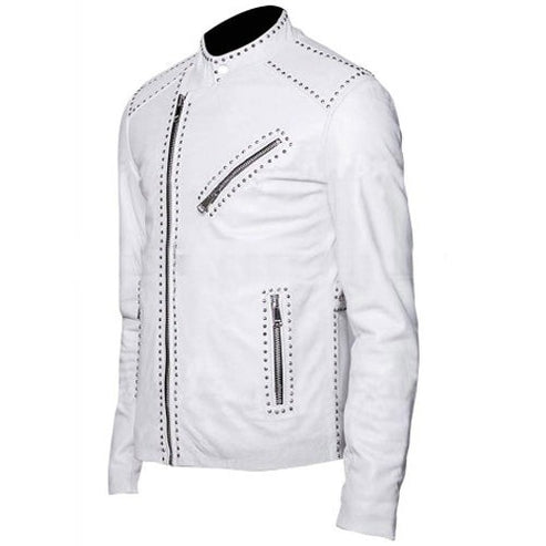 Men’s White Studded Brando Biker Leather Jacket