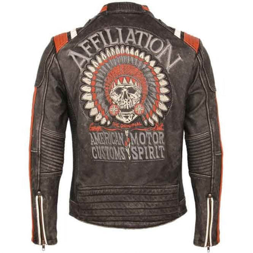Affiliation Skull Embroidered Genuine Leather Motorcycle Jacket