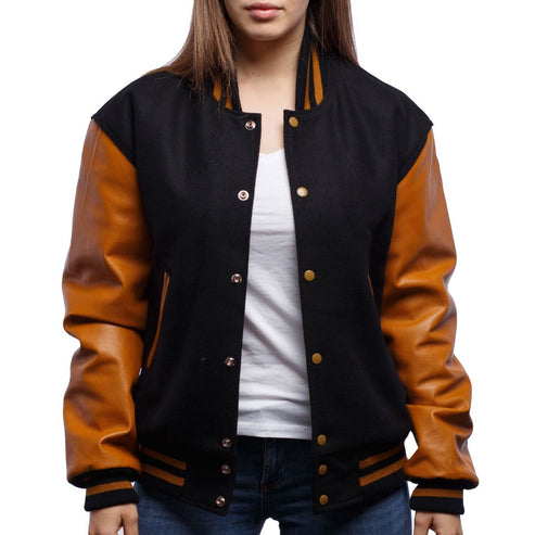 Women’s Black & Brown Varsity Leather Bomber Jacket – Premium Street Style