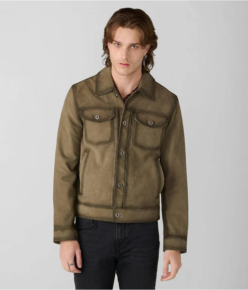 Men’s Olive Green Suede Leather Trucker Jacket – Rugged Classic by Bravo Bros