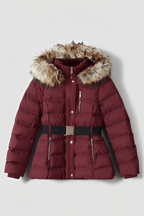 Women’s Ox Red Puffer Jacket with Fur Collar – Bold Winter Style by Bravo Bros