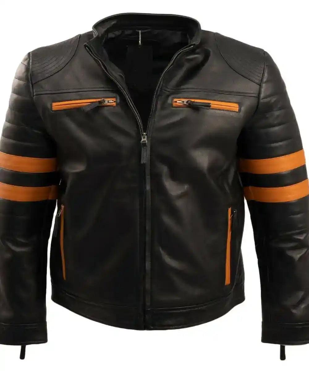 Men’s Brown Stripe Café Racer Leather Jacket – Classic Moto Style by Bravo Bros