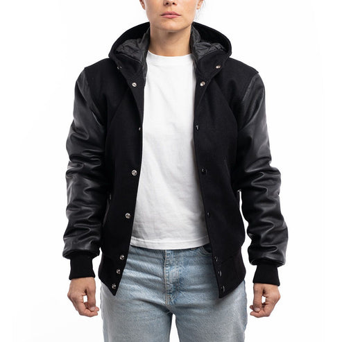 Women’s Black Hooded Leather Varsity Jacket – Premium Street Style