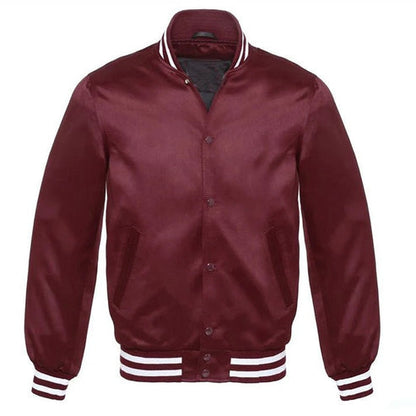 Maroon Majesty Satin Varsity Jacket – White Trim