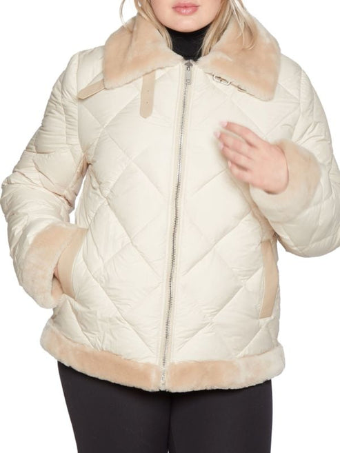 Women’s Beige Shearling Leather Puffer Jacket – Elegant Winter Warmth by Bravo Bros