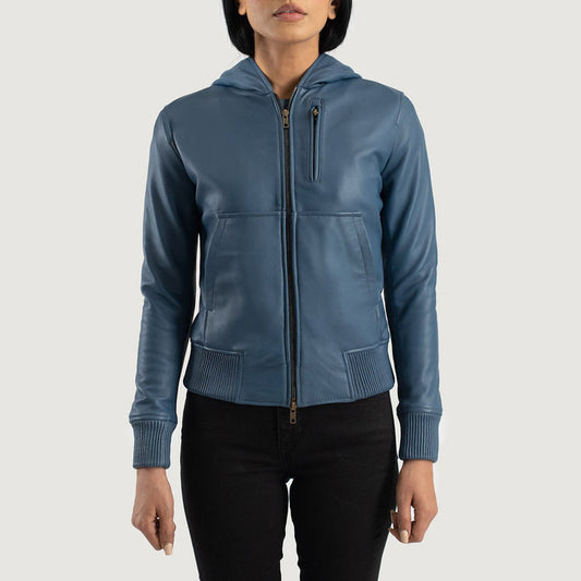 Women’s Blue Hooded Leather Bomber Jacket – Modern Urban Style