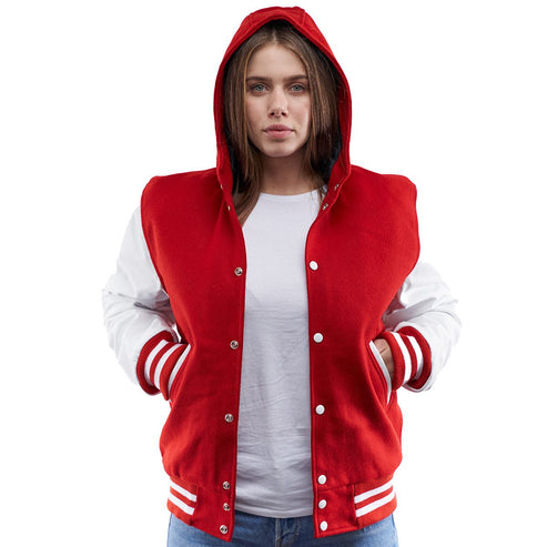 Women’s Red & White Hooded Leather Varsity Jacket – Premium Street Style