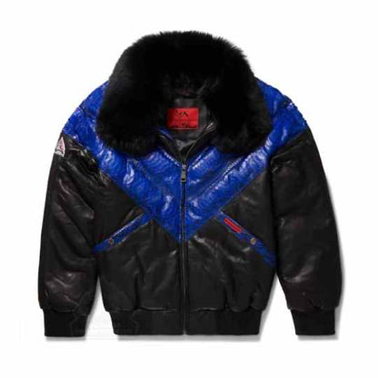 Men’s Blue Python Skin Leather V-Bomber Jacket