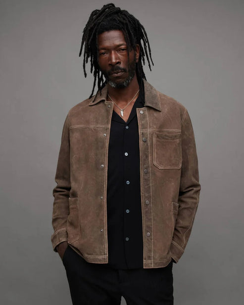 Men’s Tan Suede Trucker Jacket – Timeless & Durable Leather