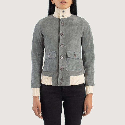 Women’s Grey Suede Bomber Jacket – Modern Elegant Outerwear