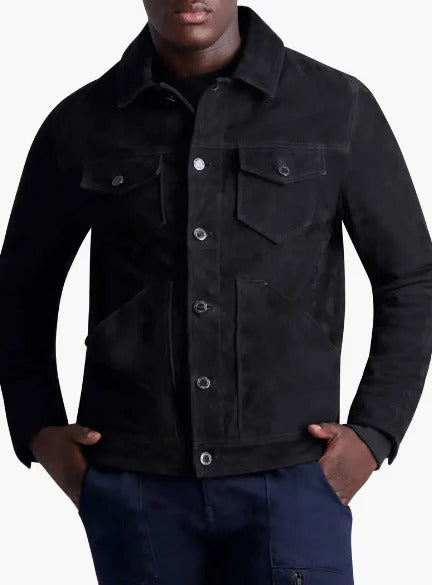 Men’s Black Suede Trucker Jacket – Classic Leather Jacket