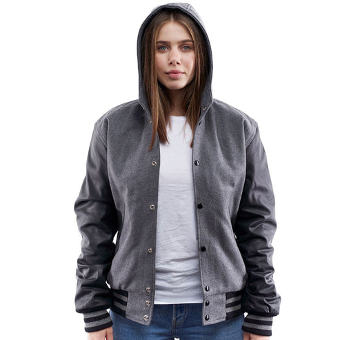 Women’s Gray Hooded Leather Letterman Jacket – Premium Varsity Style