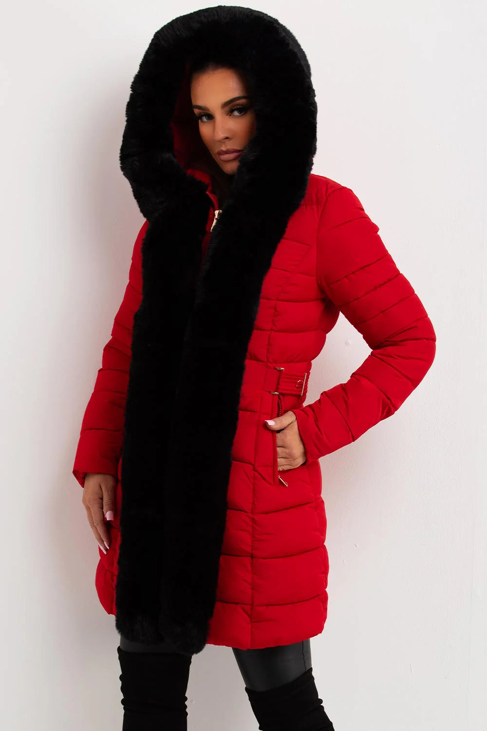 Women’s Red Winter Coat with Fur Hood – Chic Warmth by Bravo Bros