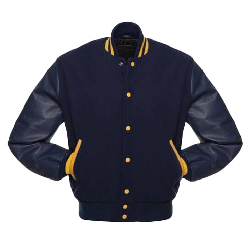 Men’s Navy Blue & Yellow Baseball Varsity Jacket – Classic College Style