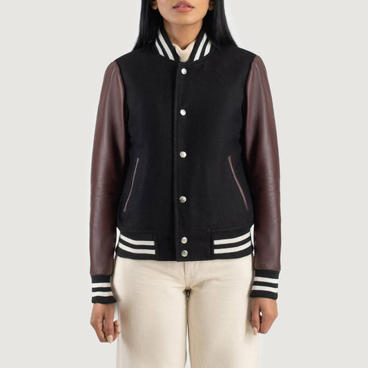 Women’s Maroon & Black Hybrid Varsity Jacket – Sporty Chic Style