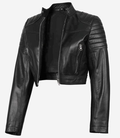 Women’s Black Cropped Biker Leather Jacket – Edgy & Stylish