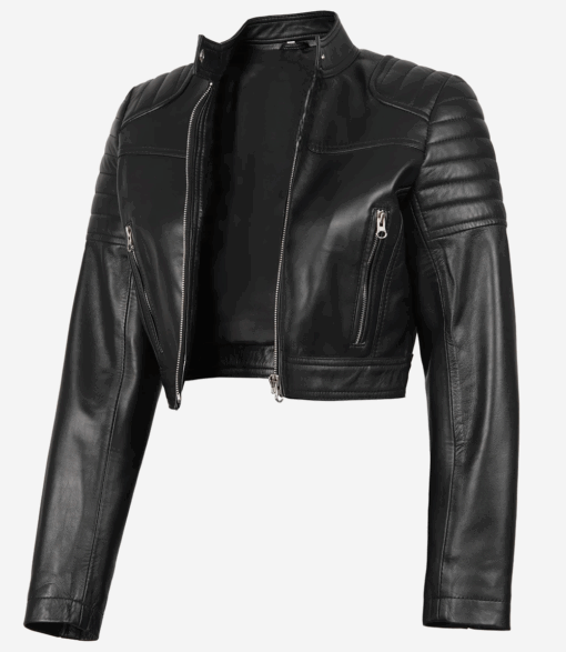 Women’s Black Cropped Biker Leather Jacket – Edgy & Stylish