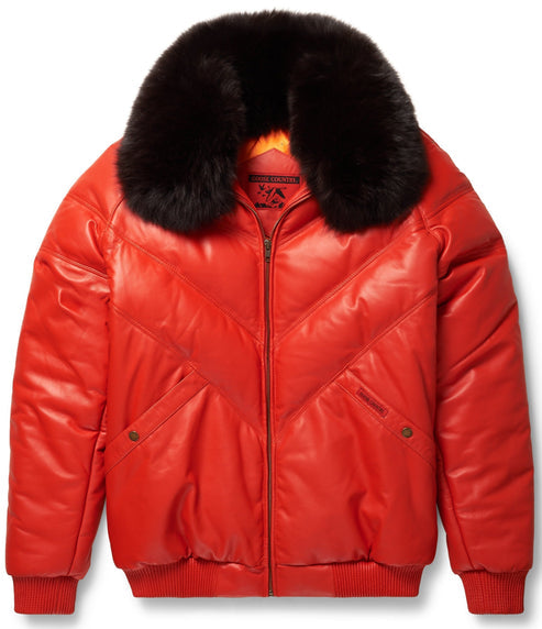 Premium Orange V-Bomber Leather Jacket – Bold & Stylish