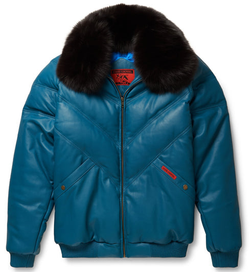Premium Teal Leather V-Bomber Jacket – Bold & Modern