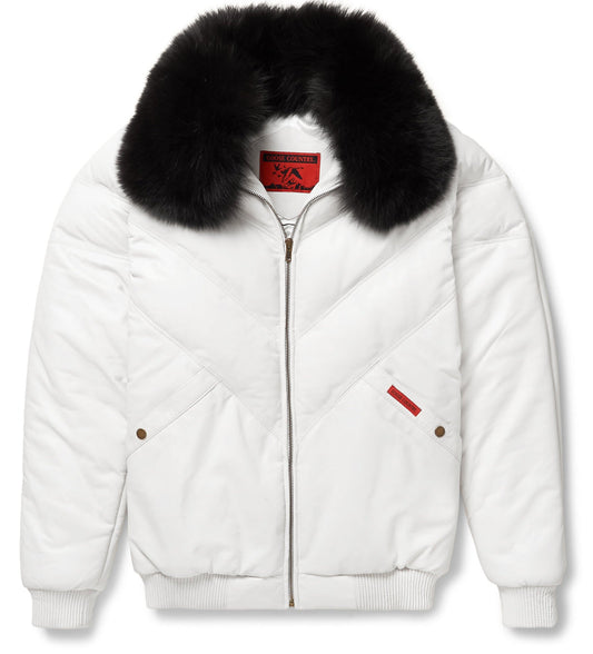 Premium White V-Bomber Leather Jacket – Bold & Luxurious