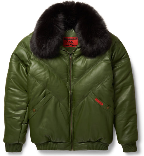 Premium Olive V-Bomber Leather Jacket – Rugged & Luxurious