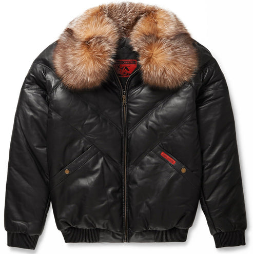 Premium Black V-Bomber Leather Jacket with Crystal Fox Fur – Luxury Edition