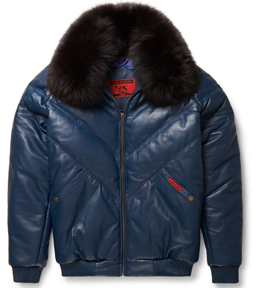 Premium Navy V-Bomber Leather Jacket – Classic & Luxurious