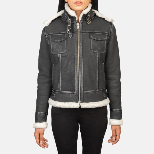 Women’s Black Hooded Shearling Leather Jacket – Winter Luxury Outerwear