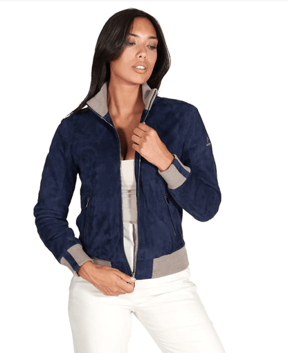 Women’s Royal Blue Suede Bomber Jacket – Premium Leather Style