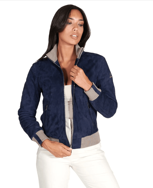 Women’s Royal Blue Suede Bomber Jacket – Premium Leather Style