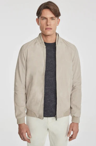 Men’s Off-White Suede Bomber Jacket – Minimalist Leather Jacket