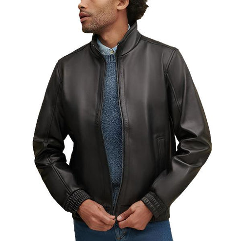 Bravo Bros Men’s Elasticated Self-Band Leather Bomber Jacket