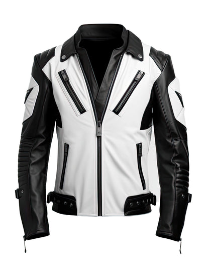 Men’s Black & White Biker Leather Jacket – Bold Contrast Moto Style by Bravo Bros