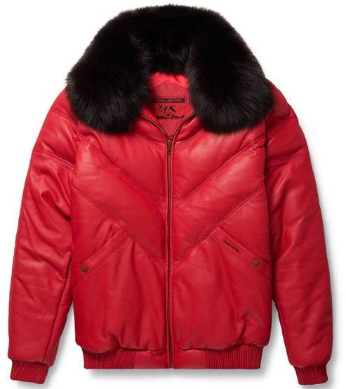 Premium Red V-Bomber Leather Jacket – Bold & Stylish