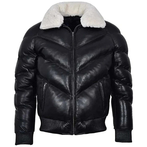 Men’s Black V-Bomber Puffer Leather Jacket with White Fur – Premium & Warm