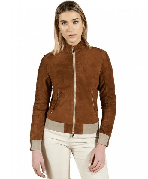 Women’s Dark Brown Suede Bomber Jacket – Premium Leather Style