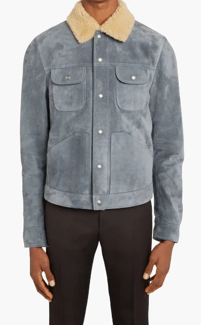 Men’s Sky Blue Suede Trucker Jacket – Shearling Leather Coat