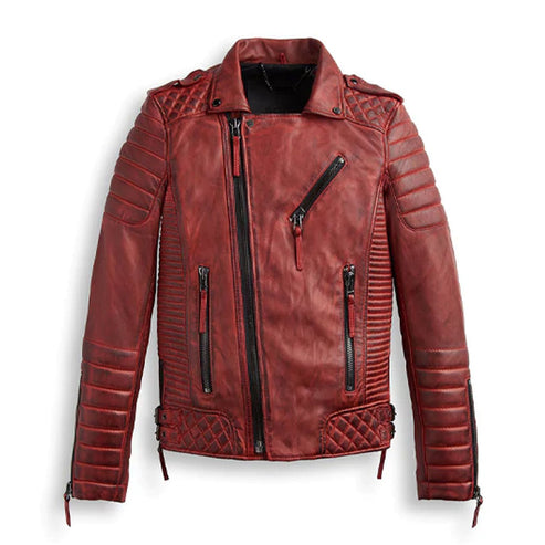 Men’s Red Leather Biker Motorcycle Jacket – Bold & Stylish