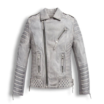 Men’s White Waxed Leather Biker Motorcycle Jacket – Chrome Finish
