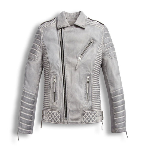 Men’s White Waxed Leather Biker Motorcycle Jacket – Chrome Finish