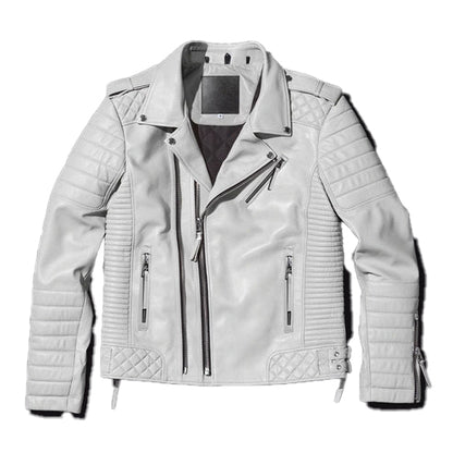 Men’s White Pearl Leather Biker Jacket – Bold & Stylish