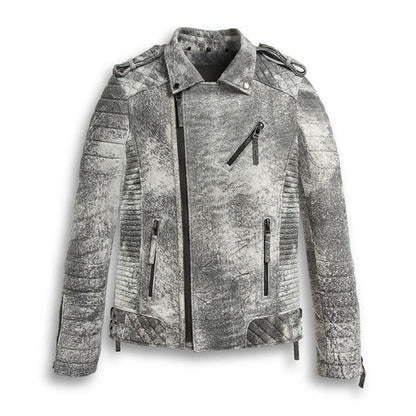 Men’s Storm Grey Leather Biker Motorcycle Jacket – Rugged & Stylish