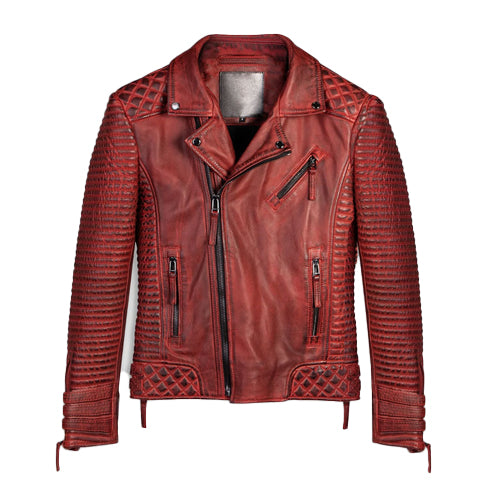 Men’s Red Waxed Leather Biker Motorcycle Jacket – Bold & Rugged