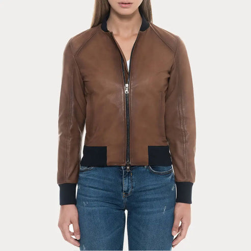 Women’s Sugar Brown Lambskin Leather Bomber Jacket – Soft & Premium