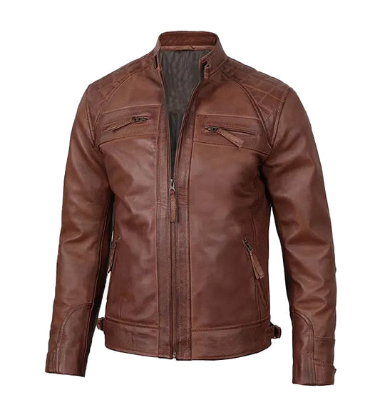 Men’s Slim Fit Brown Leather Biker Jacket – Modern Moto Style by Bravo Bros