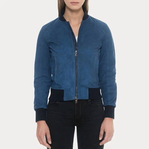 Women’s Blue Suede Bomber Jacket – Black Rib Knit Collar & Cuffs