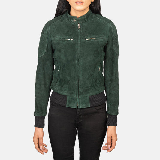 Women’s Zenna Green Suede Bomber Jacket – Modern Elegant Outerwear
